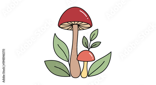 Two cartoon mushrooms with leaves growing.