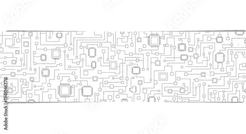 Abstract white and grey circuit board pattern with interconnected electronic components and traces, representing technology and digital networks.