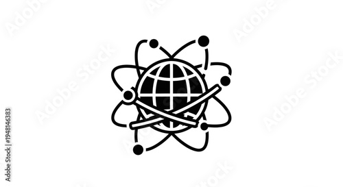 Black and white icon depicting a globe surrounded by orbiting lines and dots, symbolizing global network and technology.