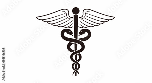 A black and white illustration of a caduceus symbol, featuring a staff with two snakes intertwined and a pair of wings at the top, representing medicine and healing.