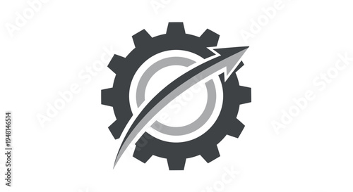 A dark grey gear icon with an upward-curving arrow symbolizing progress and mechanical efficiency.