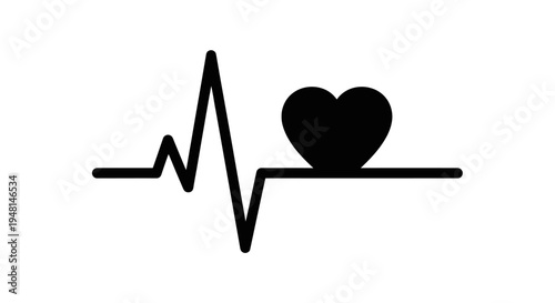 Black heartbeat line with a solid heart icon on a white background, symbolizing health and love.