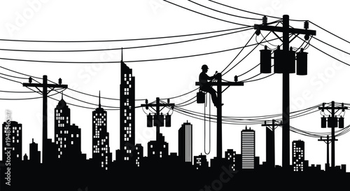 Urban cityscape silhouette with utility worker climbing power pole, electricity distribution infrastructure, high-rise buildings background, black and white vector illustration, energy grid concept