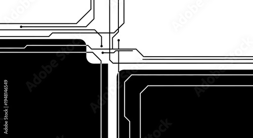 Abstract black and white circuit board design with intersecting lines and geometric patterns, representing technology and connectivity.