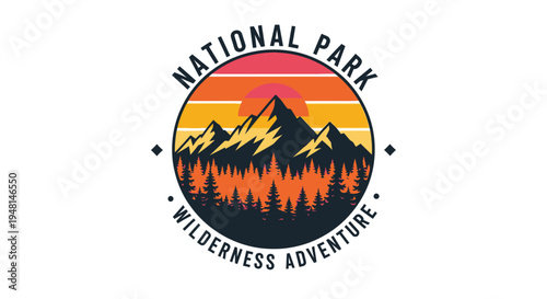 Retro national park wilderness adventure emblem with mountains, forest, and sunset.