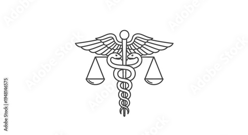 A black and white line art illustration depicting a caduceus symbol intertwined with scales of justice, representing medical law and ethics.