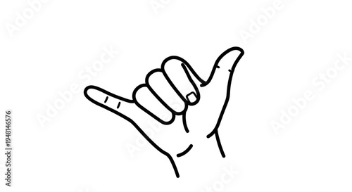 A simple line drawing of a hand making the shaka sign, often associated with surf culture and friendly greetings.