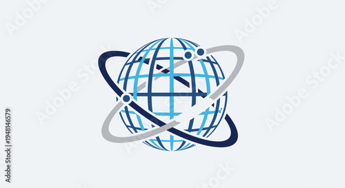 A stylized blue globe with a grid pattern, encircled by two orbital rings with connected nodes, representing global communication and technology.