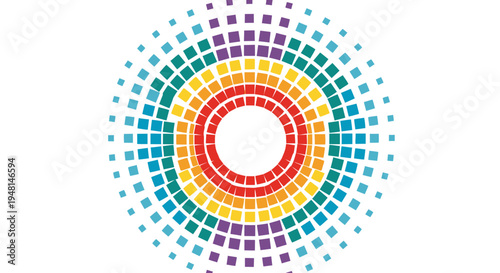 Vibrant abstract circular pattern made of colorful pixelated squares radiating outwards in a rainbow spectrum on a white background.