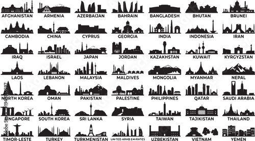 Black silhouettes of famous landmarks from 40 countries in Asia