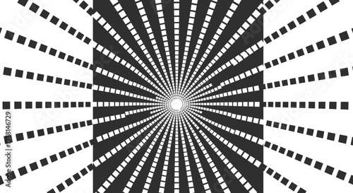 Abstract geometric pattern with radiating dashed lines creating an optical illusion of depth and perspective from a central point.
