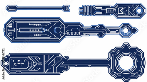Stylized digital keys, blueprints, with circuit-like details in shades of blue and white, set against a blank backdrop