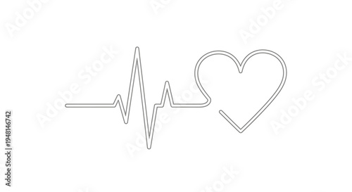 Minimalist line art illustration depicting a continuous electrocardiogram heartbeat rhythm transforming into a stylized heart shape, symbolizing life and health.