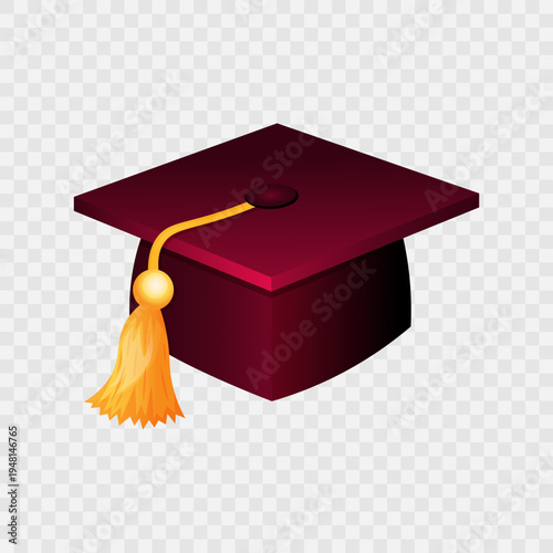 Red graduation cap isolated on transparent background.  Graduation hat  icon with gradient effect. School, college or  university graduation ceremony sign. Educational sticker. Vector illustration