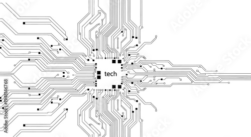 Abstract black and white illustration of a central processing unit with intricate circuit board traces extending outwards, symbolizing technology and connectivity.