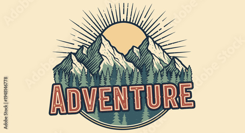 Retro outdoor adventure logo featuring majestic mountains, a dense forest, and a radiant sunrise.