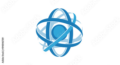 Abstract blue atom symbol with multiple orbital rings and a central core, representing science, technology, or interconnectedness.