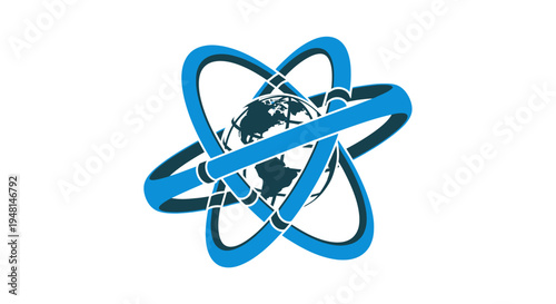 A stylized blue globe with interconnected orbital rings, representing global connectivity and technology.