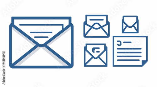A collection of stylized envelope and document icons, rendered in a simplistic blue-on-white design