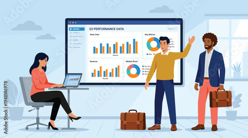 Modern business meeting presentation with team analyzing Q3 performance data, sales revenue charts, market share pie graphs, corporate analytics