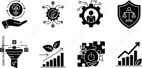 Set of 8 Modern Flat Icons for Sustainable AI, Ethical Technology Governance, ESG Business Growth, Green Computing, and Corporate Social Responsibility (CSR) Vector Illustrations