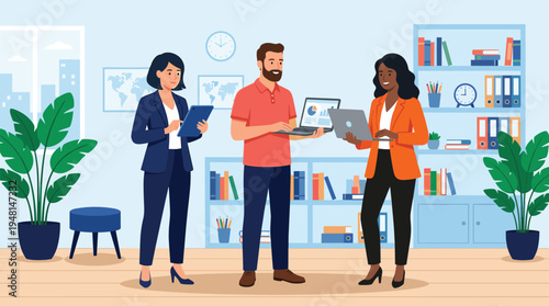 Modern office teamwork illustration with professionals using laptops, tablets, smartphones, collaborative workspace, business communication, data analysis productivity