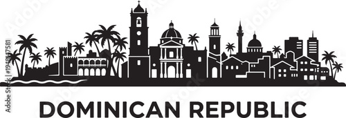 Stunning black silhouette of Dominican Republic cityscape with palm trees
