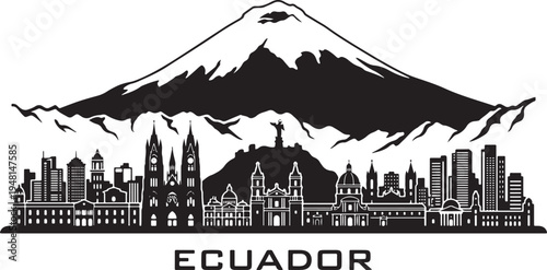 Ecuador cityscape with snow-capped mountain silhouette