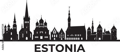 Black silhouette of Estonia city skyline with historic buildings