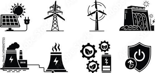 Renewable Energy and Power Generation Icon Set featuring Solar Panels, Wind Turbines, Hydroelectric Dams, Electrical Grids, and Green Battery Technology in Modern Flat Vector Style