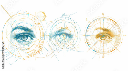 Three stylized eyes, watercolor and line art within geometric circles, in teal, yellow, and gold tones
