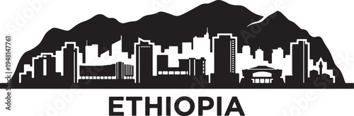 Ethiopia cityscape with modern buildings and mountains
