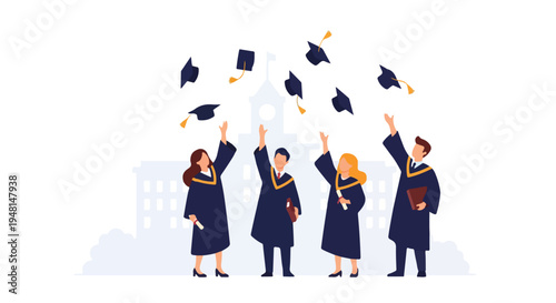 Graduation Celebration Students Throwing Caps Flat Vector Illustration