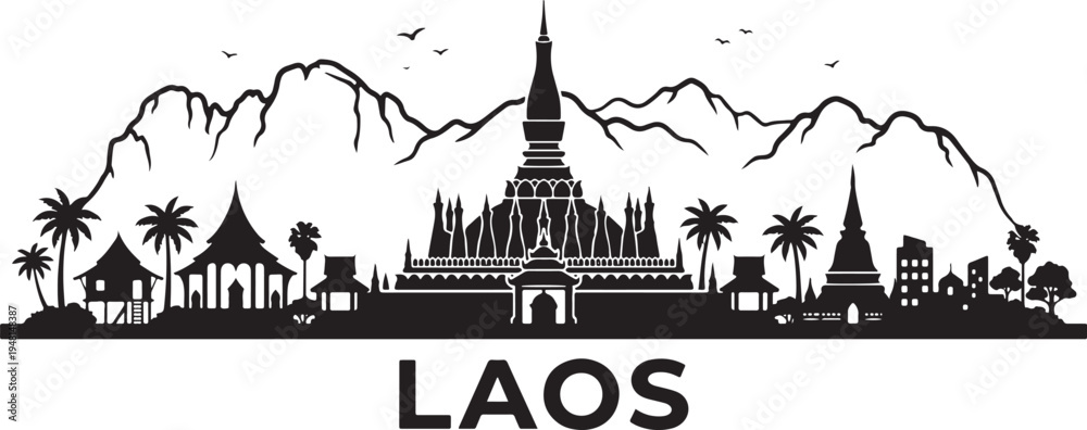 Obraz premium Laos landscape with traditional temples and palm trees