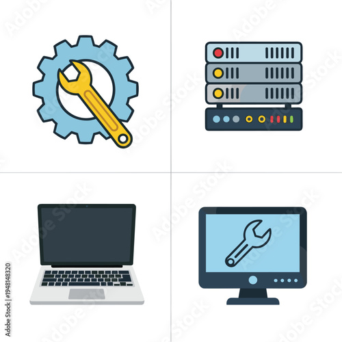 Computer Repair and IT Support Icons Set.