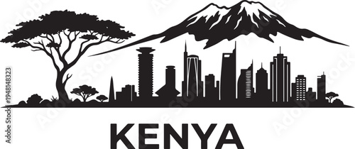 Modern Kenya cityscape with iconic mountain and tree silhouette