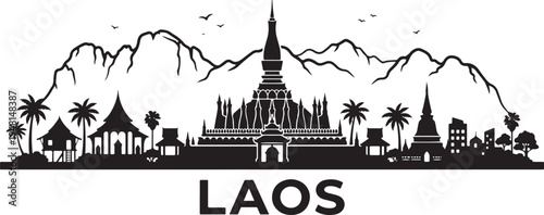 Laos landscape with traditional temples and palm trees