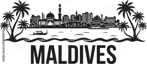 Vibrant Maldives cityscape with palm trees and mosque