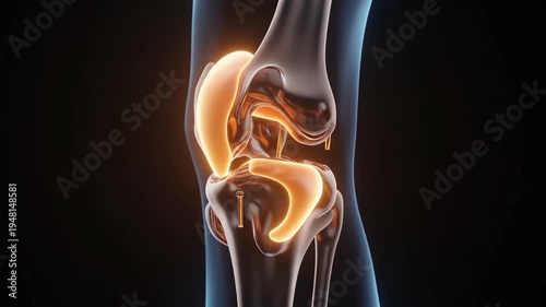 Anatomical illustration of the human knee joint, highlighting the cartilage and bone structure with a glowing orange accent on a dark background