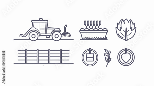 Collection of agricultural icons, featuring a tractor, seedlings, leaf, fence, and various farming elements