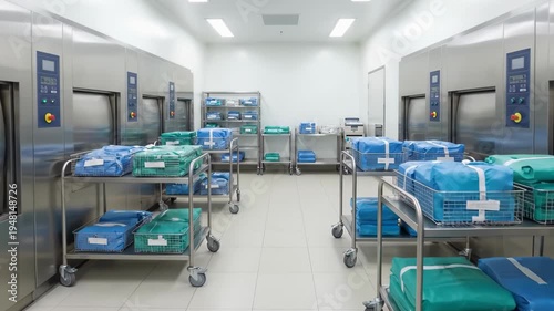 Modern sterile processing department in a hospital featuring industrial autoclaves and metal carts with blue and green wrapped surgical instruments