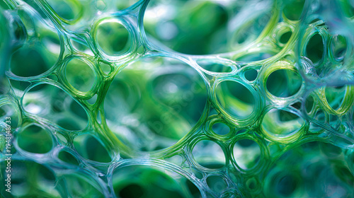 Biodegradable plastic technology sample macro shows intricate green and blue bubbles, highlighting innovative structure of eco friendly materials. This evokes sense of sustainability