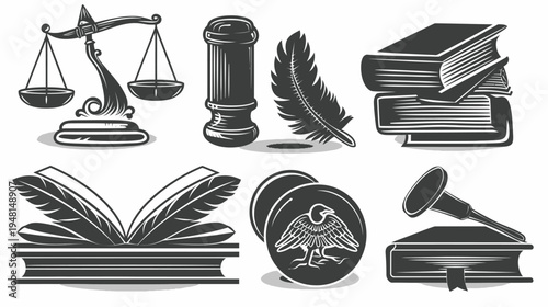 Monochrome illustrations of legal concepts, featuring scales, books, and quill, along with other symbols
