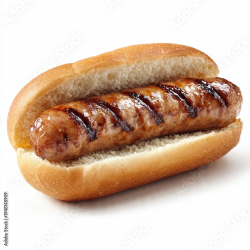 Perfectly Grilled Sausage Hot Dog in a Soft Bun, Isolated on a Clean White Background, Ideal for Menus, BBQ Themes, and Fast Food Promotions