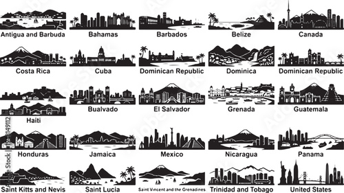 Black and white city skylines and landmarks of Caribbean and North American countries