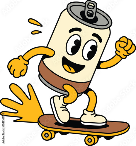 Cartoon soda can skateboard vector illustration, playful beverage mascot design with sneakers, splash motion, lifestyle motifs, and branding artwork