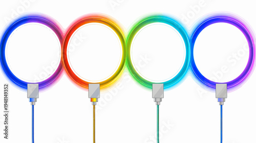 A vibrant, colorful graphic features four interconnected rings with cables attached
