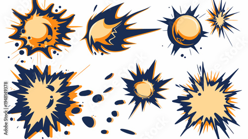 Set of eight stylized explosion illustrations in orange, navy blue and beige colors on a white background