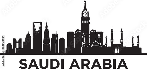 Modern Saudi Arabia cityscape with iconic buildings and mosques