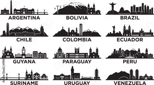 Black silhouettes of famous landmarks and skylines from 12 South American countries